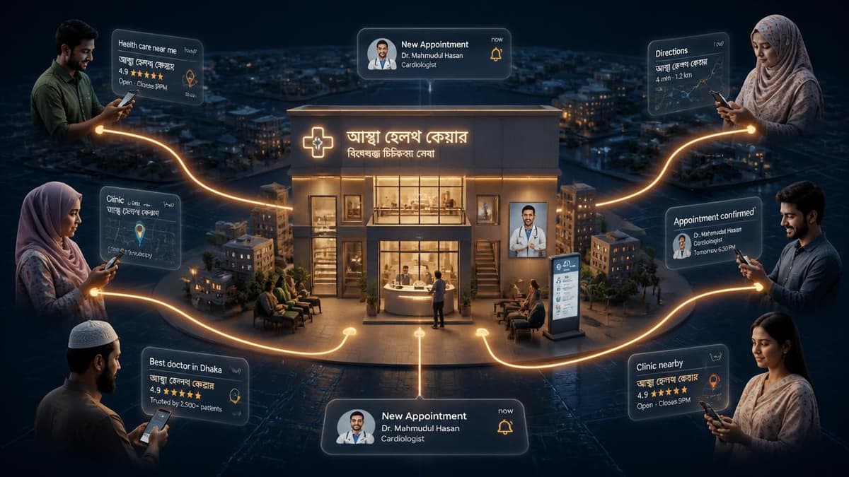 3D network of patient nodes connecting to a clinic